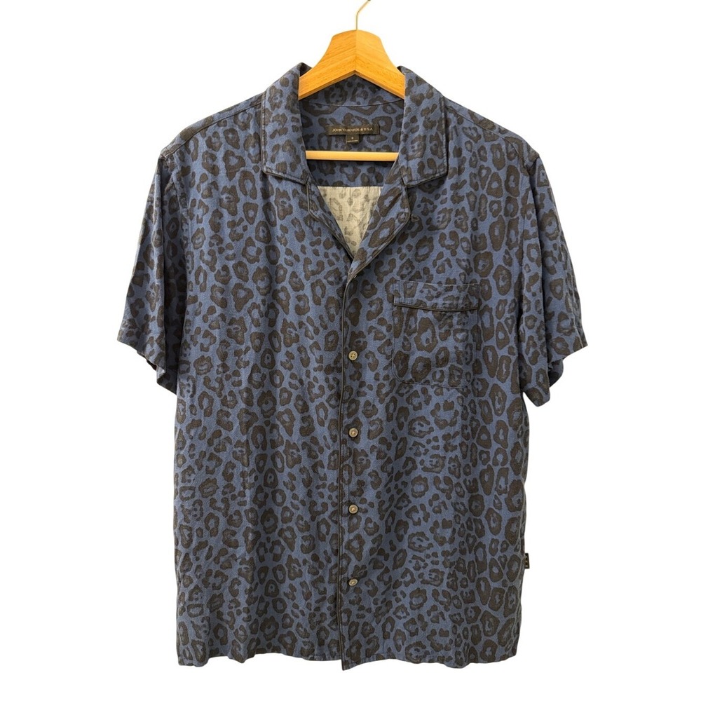 John Varvatos Blue Leopard-Print Short Sleeve Button-Down Shirt